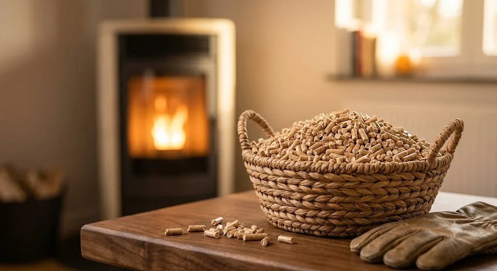 Cesto di pellet di legno davanti a una stufa accesa