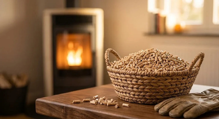 Cesto di pellet di legno davanti a una stufa accesa